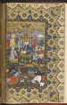Firdawsī: Shāhnāmah Persian epic poetryDecorations:Miniature: Folios 1v - 2r: Double-page miniature within a gorgeous illuminated border, of Sulaymān and Queen of Sheba, a large and crowded composition; the execution is meticulous, but the drawing of the faces a trifle weak. Each half (miniature only) Dimensions [written]: 29.5x17.5cm . Miniature: Folio 10r: Bath scene, illustrating the story in the preface of how Firdawsī scornfully gave away to a bath house attendant half the paltry reward Sultan Maḥmūd gave him for writing the Shāhnāmah. Dimensions [written]: 32.5x21.5cm. Miniature: Folio 17r: Gayumars̲ and his court. Dimensions [written]: 27x21.5cm.Miniature: Folio 25r: Farīdūn strikes down Ẓaḥḥāk in the palace in the presence of Jamshīd's sisters. Dimensions [written]: 32x21.5cm. Miniature: Folio 35r: Tūr defeated and killed by Manūchihr. Dimensions [written]: 30x21.5cm. Miniature: Folio 44r: Zāl embracing Rudābah. Dimensions [written]: 29.5x23cm.Miniature: Folio 54r: The birth of Rustam. Dimensions [written]: 29.5x21.5cm.Miniature: Folio 71v: Rustam and the White Demon. Dimensions [written]: 30.5x21.5cm.Miniature: Folio 91r: The death of Suhrāb. Dimensions [written]: 30.5x21.5cm.Miniature: Folio 98r: The fire-ordeal of Siyāvash. Dimensions [written]: 29.5x20.5cm.Miniature: Folio 106r: Siyāvash playing polo with Afrāsiyāb. Dimensions [written]: 27x22.5. Miniature: Folio 116r: The murder of Siyāvash. Dimensions [written]: 29.5x25.5cm.Miniature: Folio 121v: Rustam in battle against Afrāsīyāb. Dimensions [written]: 33.5x27cm.Miniature: Folio 130r: The enthronement of Kay Khusraw. Dimensions [written]: 28x20.5cm.Miniature: Folio 138v: Persian troops sacking Farūd's castle. Dimensions [written]: 35x25.5cm. Miniature: Folio 144v: The battle of Mount Hamavan between the armies of Gūdarz and Pīrān. Dimensions [written]: 36x27cm. Miniature: Folio 153r: Ruhām and the Sorcerer. Dimensions [written]: 36x27cm.Miniature: Folio 166r: Combat of Rustam and Ashkābūs. Dimensions [written]: 34.5x28cm.Miniature: Folio 176r: Rustam in battle, after being visited by Pīrān. Dimensions [written]: 33.5x25.5cm. Miniature: Folio 183r: Rustam attacking the fortress of Kāfūr the man-eater. Dimensions [written]: 36x25.5cm. Miniature: Folio 195v: Pīrān saves Bīzhan from the gallows. Dimensions [written]: 30x20.5cm. Miniature: Folio 206r: Rustam's raid on Afrāsīyāb's palace after rescuing Bīzhan. Dimensions [written]: 29.5x21cm. Miniature: Folio 219r: Barzū lassoing Farāmarz. Dimensions [written]: 33.5x22.5cm.Miniature: Folio 225r: Combat of Rustam and Barzū. Dimensions [written]: 33.5x28cm.Miniature: Folio 238v: Encounter of Afrāsīyāb and Pilsam. Dimensions [written]: 33.5x25.5cm.Miniature: Folio 242r: Rustam falls in combat with Pilsam. The latter being kicked by Rakhsh. Dimensions [written]: 36x29.5cm. Miniature: Folio 254v: Human slain by Bīzhan. Dimensions [written]: 36x25.5cm.Miniature: Folio 262r: Combat of Gīv and Pīran. Dimensions [written]: 32.5x27cm.Miniature: Folio 274r: Rustam leading the Persian army to war with Afrāsīyāb. Dimensions [written]: 34.5x25.5cm. Miniature: Folio 281v: Kay Khusraw slays Ustuqila the Kurd. Dimensions [written]: 36x28cm. Miniature: Folio 288v: The women of Afrāsīyāb before Kay Khusraw. Dimensions [written]: 30.5x23cm. Miniature: Folio 299r: Execution of Afrāsīyāb by Kay Khusraw. Dimensions [written]: 30.5x22.5cm. Miniature: Folios 307v - 308r: Double-page miniature within a sumptuous illuminated border. The enthronement of Luhrasp. Each half Dimensions [written]: 27x16cm. Miniature: Folio 315r: Gushtasp killing the dragon. Dimensions [written]: 30.5x21cm.Miniature: Folio 324v: Death of Zarīr in battle between Iran and Turan. Dimensions [written]: 34.5x28cm. Miniature: Folio 339v: Isfandiyār's attack on Arjasp in the Brazen Fortress. Dimensions [written]: 34.5x27cm. Miniature: Folio 356r: Rustam shoots Isfandiyār in the eyes. Dimensions [written]: 34.5x24.5cm. Miniature: Folio 361v: The death of Rustam. Dimensions [written]: 33.5x22.5cm.Miniature: Folio 373r: Iskandar comforting the dying Dārā. Dimensions [written]: 30.5x24.5cm.Miniature: Folio 381r: Iskandar visiting the Ka'ba. Dimensions [written]: 35x21.5cm.Miniature: Folio 390r: Iskandar building the wall against Gog and Magog. Dimensions [written]: 30.5x23cm. Miniature: Folio 401v: Bahram Gūr winning the crown from between the lions. Dimensions [written]: 31.5x21.5cm. Miniature: Folio 411v: Bahram Gūr hunting. Dimensions [written]: 30.5x23cm.Miniature: Folio 416v: Bahram leading the Khāqān captive. Dimensions [written]: 36.5x27cm.Miniature: Folio 429r: Battle between Pīrūz and Khūshnavāz. Dimensions [written]: 32.5x27cm. Miniature: Folio 441v: Capture of the Roman fortress by Nushirvān. Dimensions [written]: 34.5x22.5cm. Miniature: Folio 454r: Battle between the Khāqān and the Haytalians. Dimensions [written]: 37x25.5cm. Miniature: Folio 463v: Introduction of chess at the court of Anushirvān. Dimensions [written]: 34.5x22.5cm. Miniature: Folio 477v: Anushirvān attacking a moated Roman fortress. Dimensions [written]: 38x21.5cm. Miniature: Folio 490v: Sāvā Shāh slain by Bahram Chūbīn. Dimensions [written]: 34.5x27cm.Miniature: Folio 502r: The blinding of King Hurmuz and burning of his palace. Dimensions [written]: 34.5x23cm. Miniature: Folio 519r: Khusraw embracing Maryam . Dimensions [written]: 34.5x20.5cm.Miniature: Folio 528v: Bahram Chūbīn killing the lion-ape. Dimensions [written]: 35x22.5cm.Miniature: Folio 536v: Khusraw and Gurdīya, sister of Bahram Chūbīn. Dimensions [written]: 34.5x20.5cm. Miniature: Folio 547v: Shirū'ī sends an envoy to Khusraw. Dimensions [written]: 36x24.5cm.Miniature: Folio 561r: Rustam killed by Sa'ad at the battle of Qadisīya. Dimensions [written]: 34x25.5cm. Miniature: Folios 568v - 569r: Double-page miniature within a sumptuous illuminated border: hunting scene. Upper part of 568v damaged and repaired. Each half Dimensions [written]: 28x17.5cm.